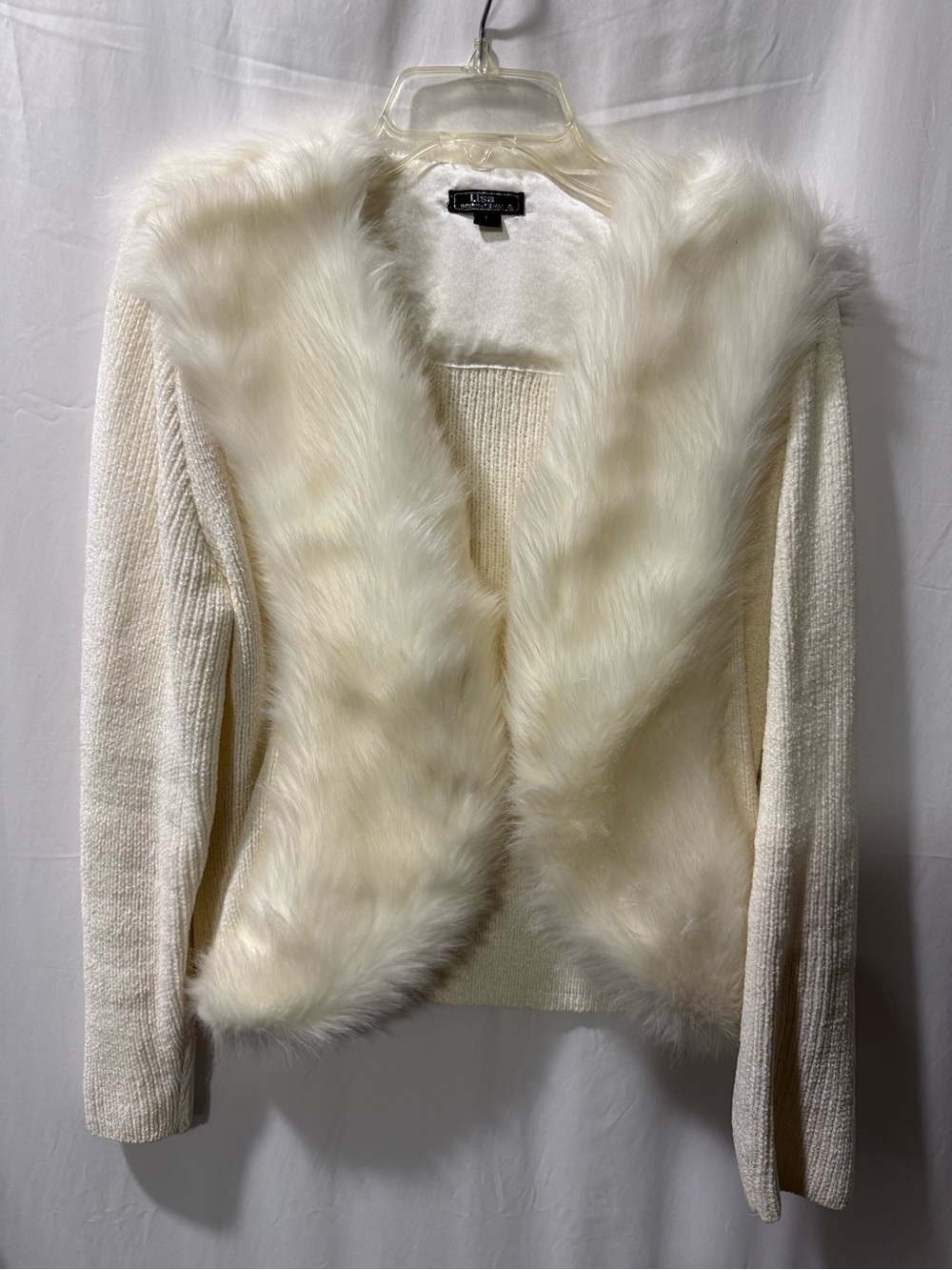Lisa international Cream Faux-Fur Trim Open-Front Sweater Cardigan